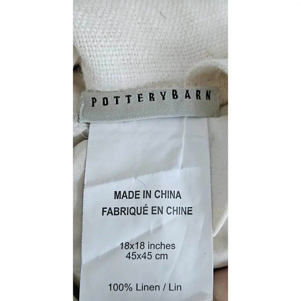 Pottery Barn Cream Linen Throw Pillow Wood Button 18x18 Goose Down Filled